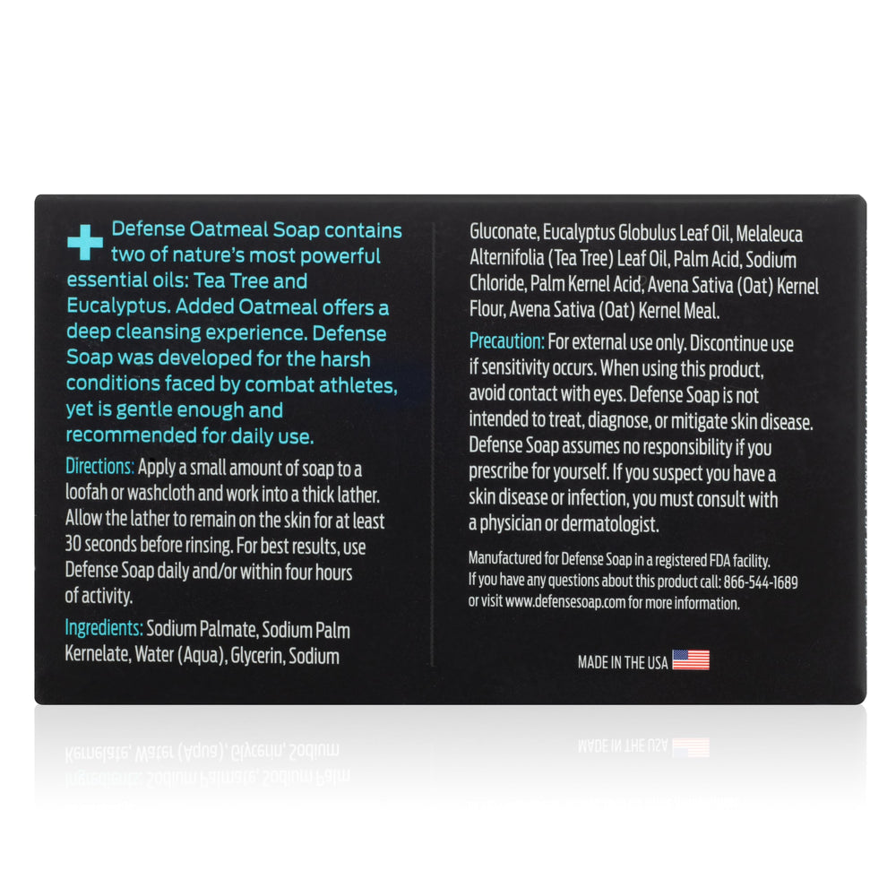 Defense Soap ingredients label close-up highlighting natural essential oils