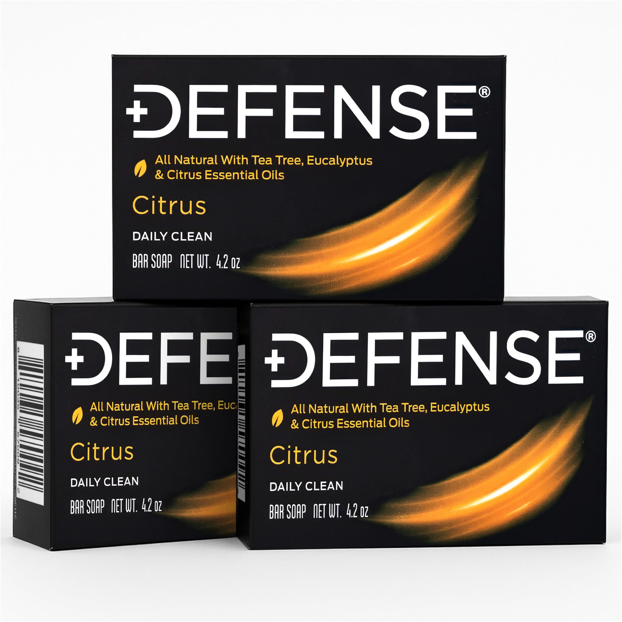 Defense Soap label detail listing tea tree, eucalyptus, and citrus oils