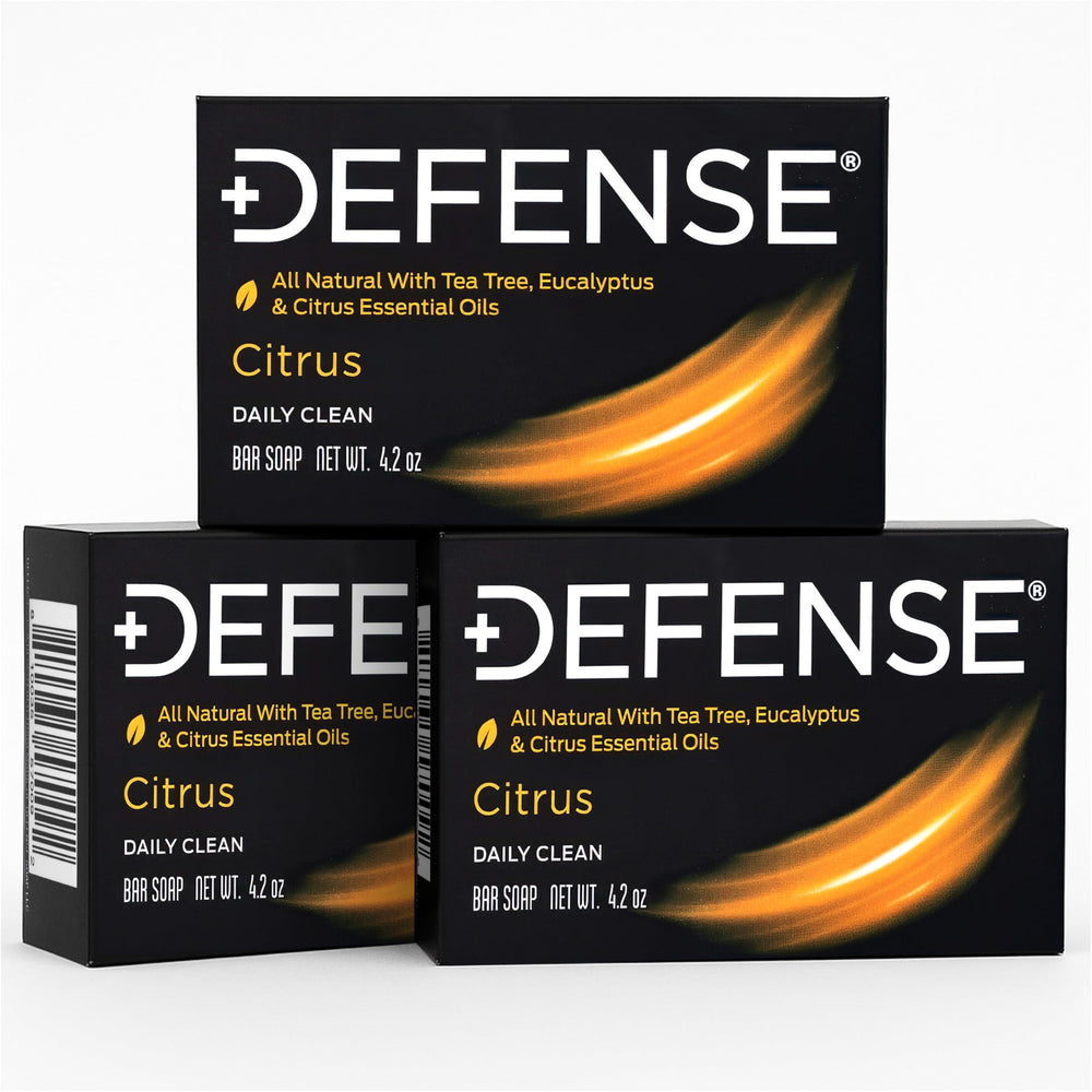 Defense Soap label detail listing tea tree, eucalyptus, and citrus oils