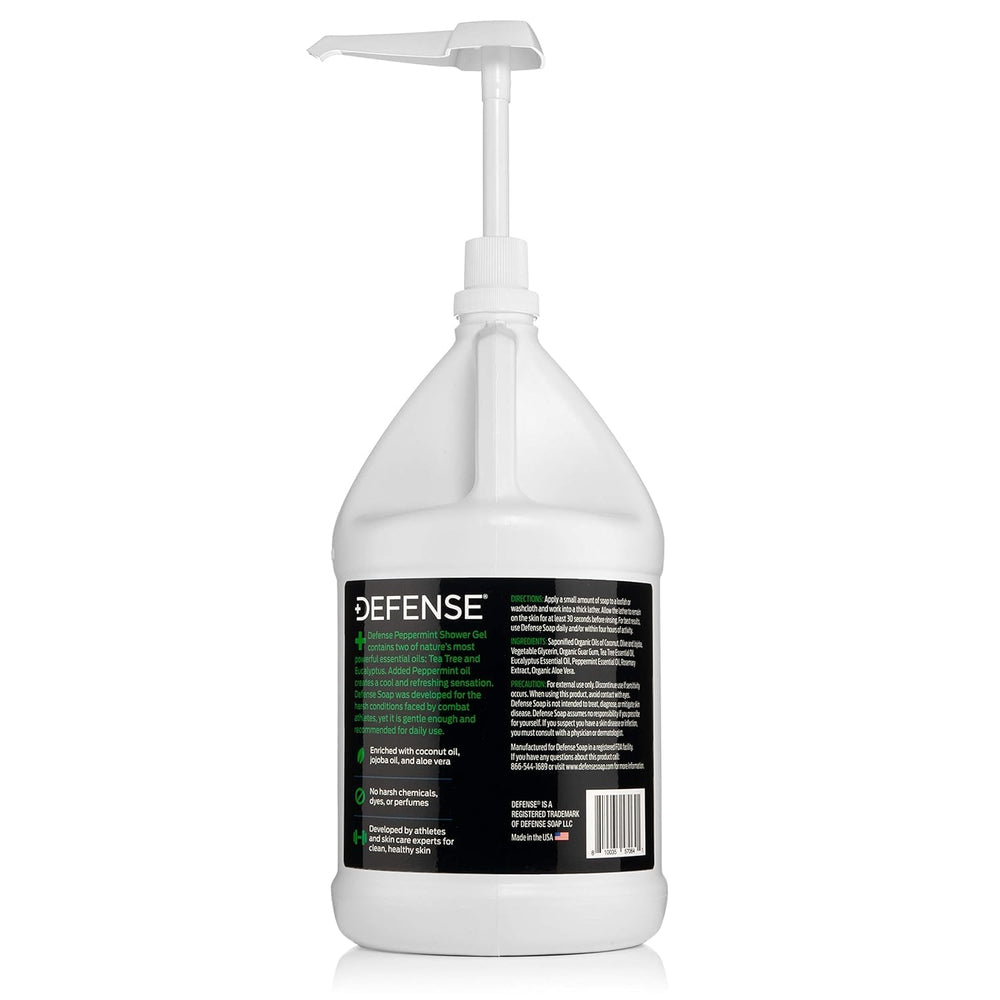 Defense Soap in shower setting being used from pump for refreshing post-workout rinse