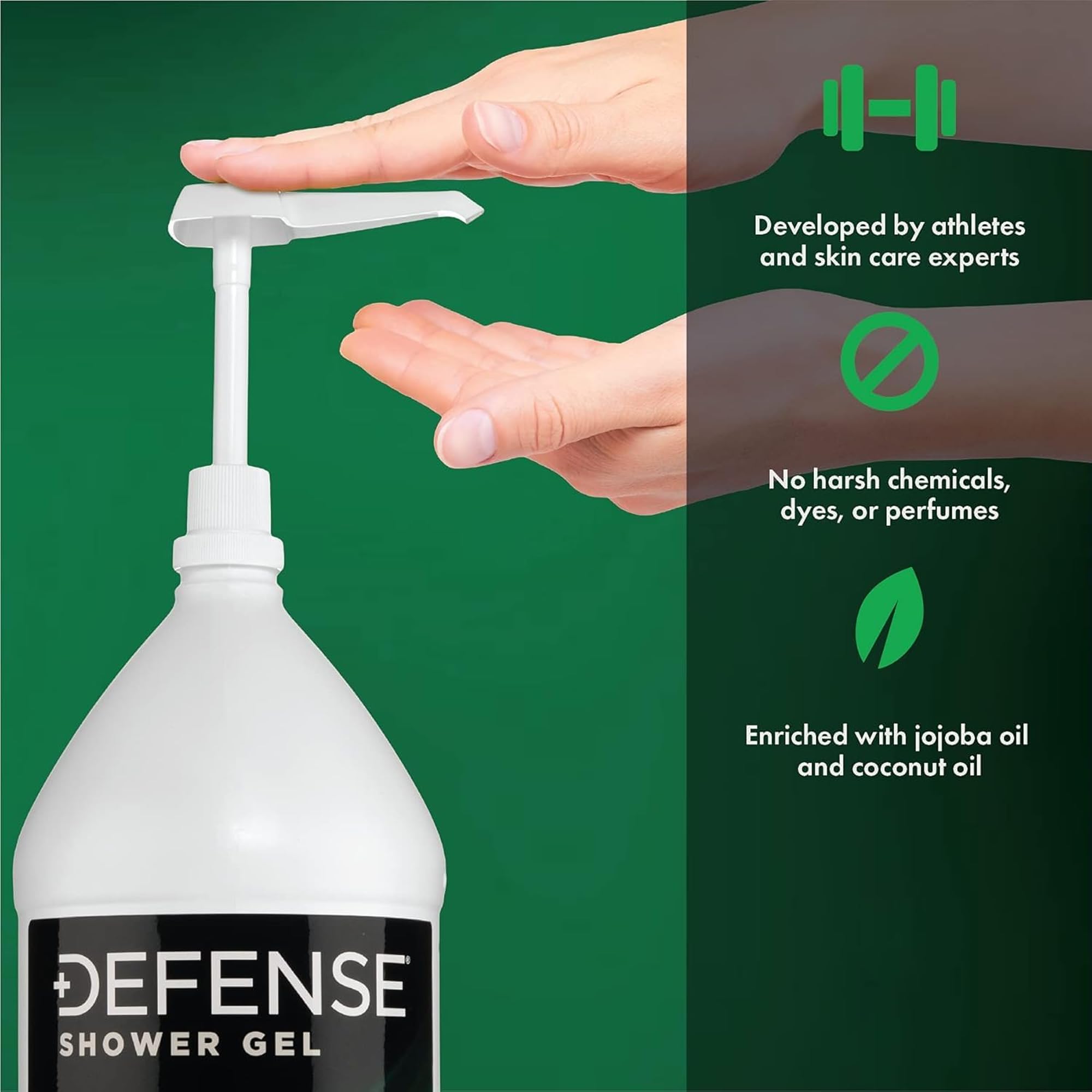 Defense Soap gallon next to small refill bottle showing scale and value