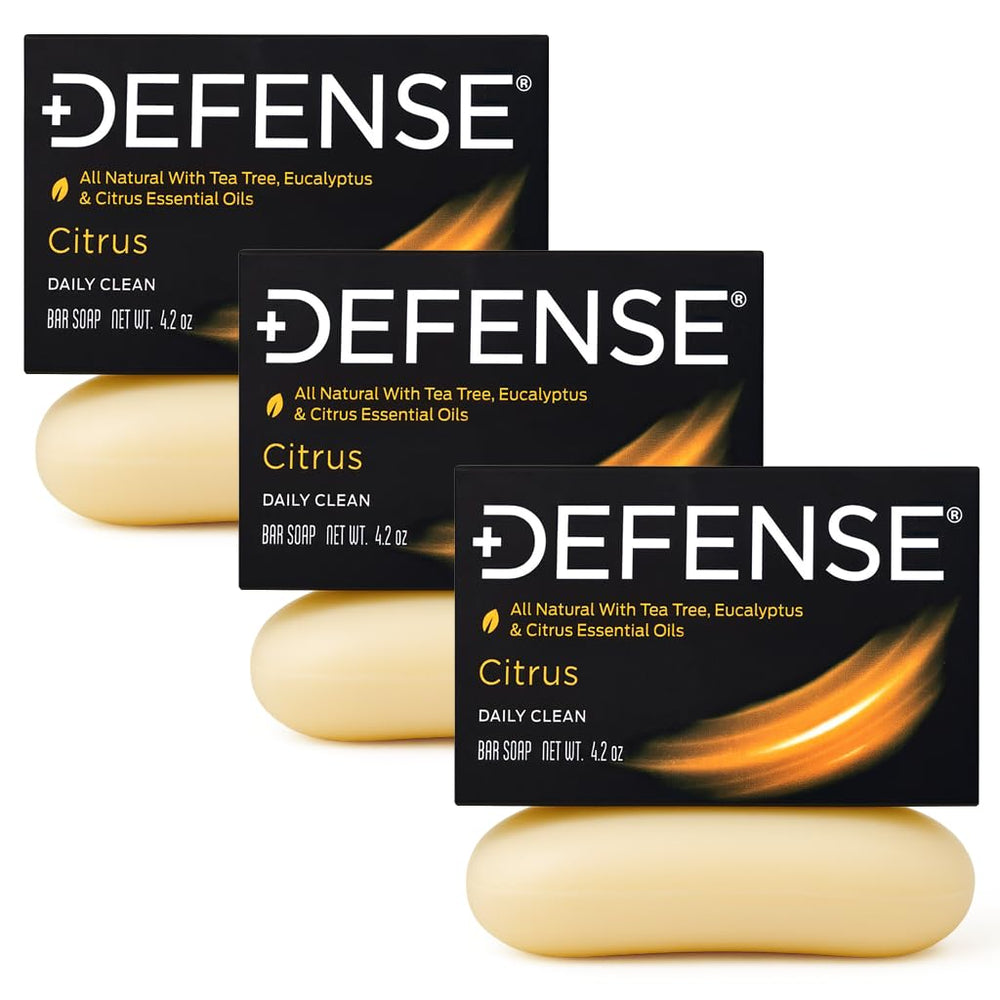 Defense Soap three bars arranged to show 3-pack value and rotation use