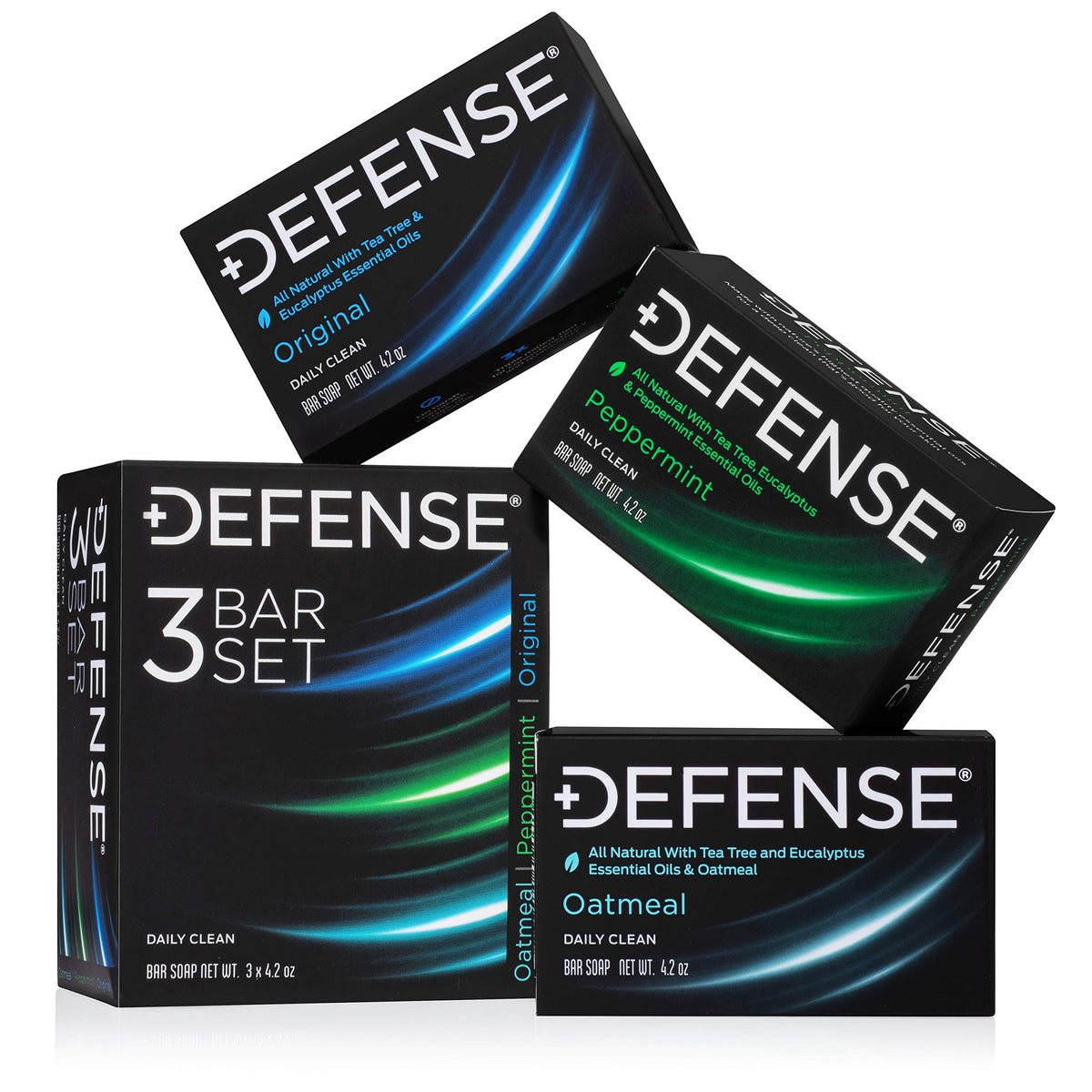 Defense Soap front packaging showing all three bars and benefits