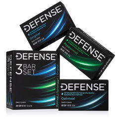 Defense Soap front packaging showing all three bars and benefits