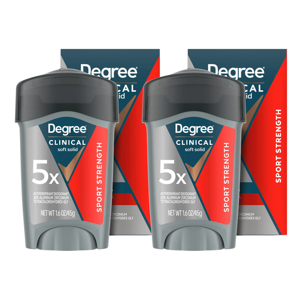 Degree Clinical front packaging showing two 1.6 oz sticks and bold protection