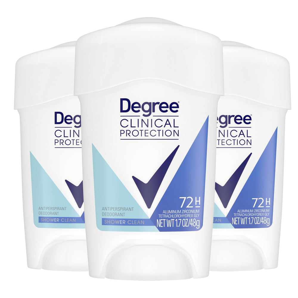Degree Clinical front packaging showing three soft solid sticks for reliable protection