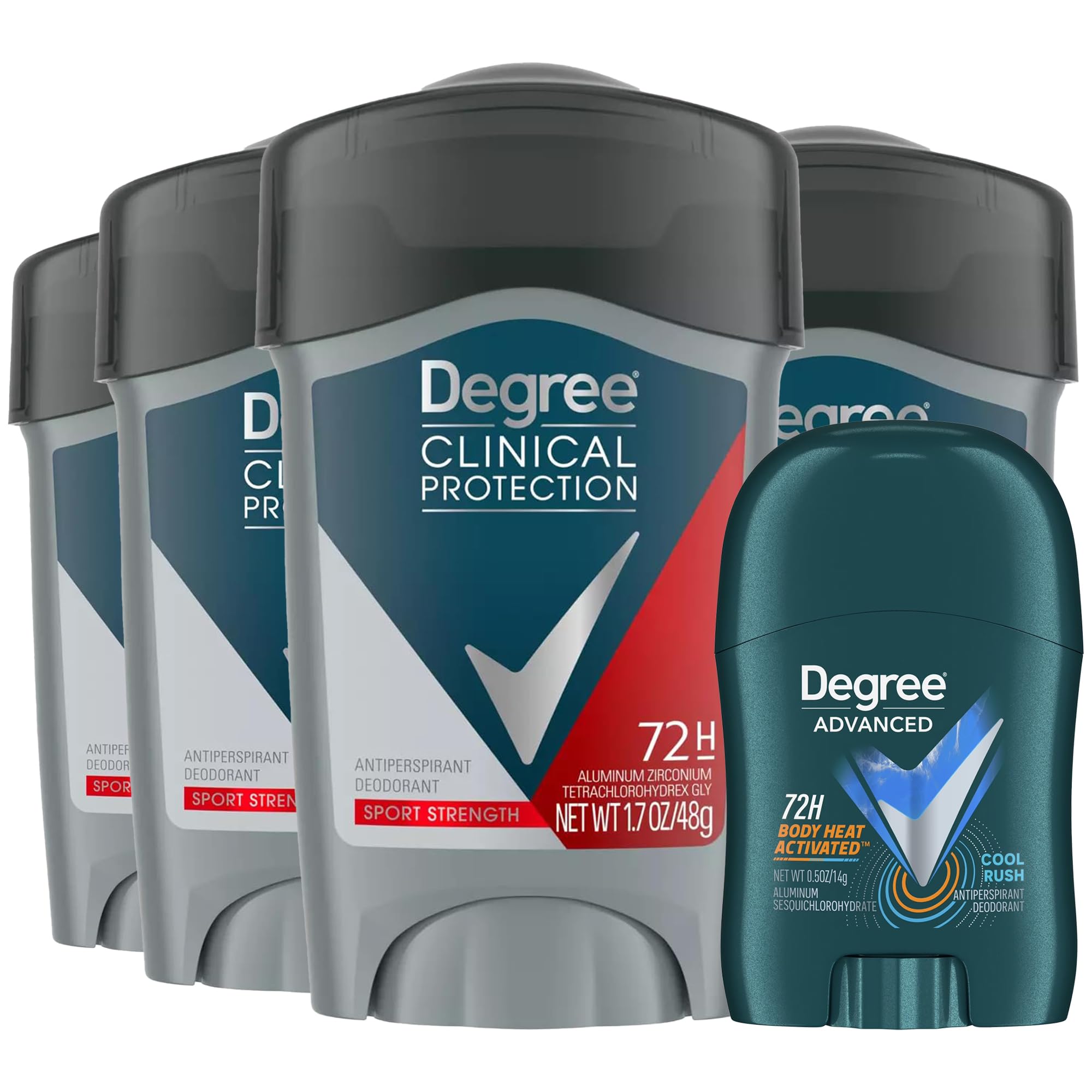 Degree clinical pack front view showing four-pack convenience and long-lasting protection