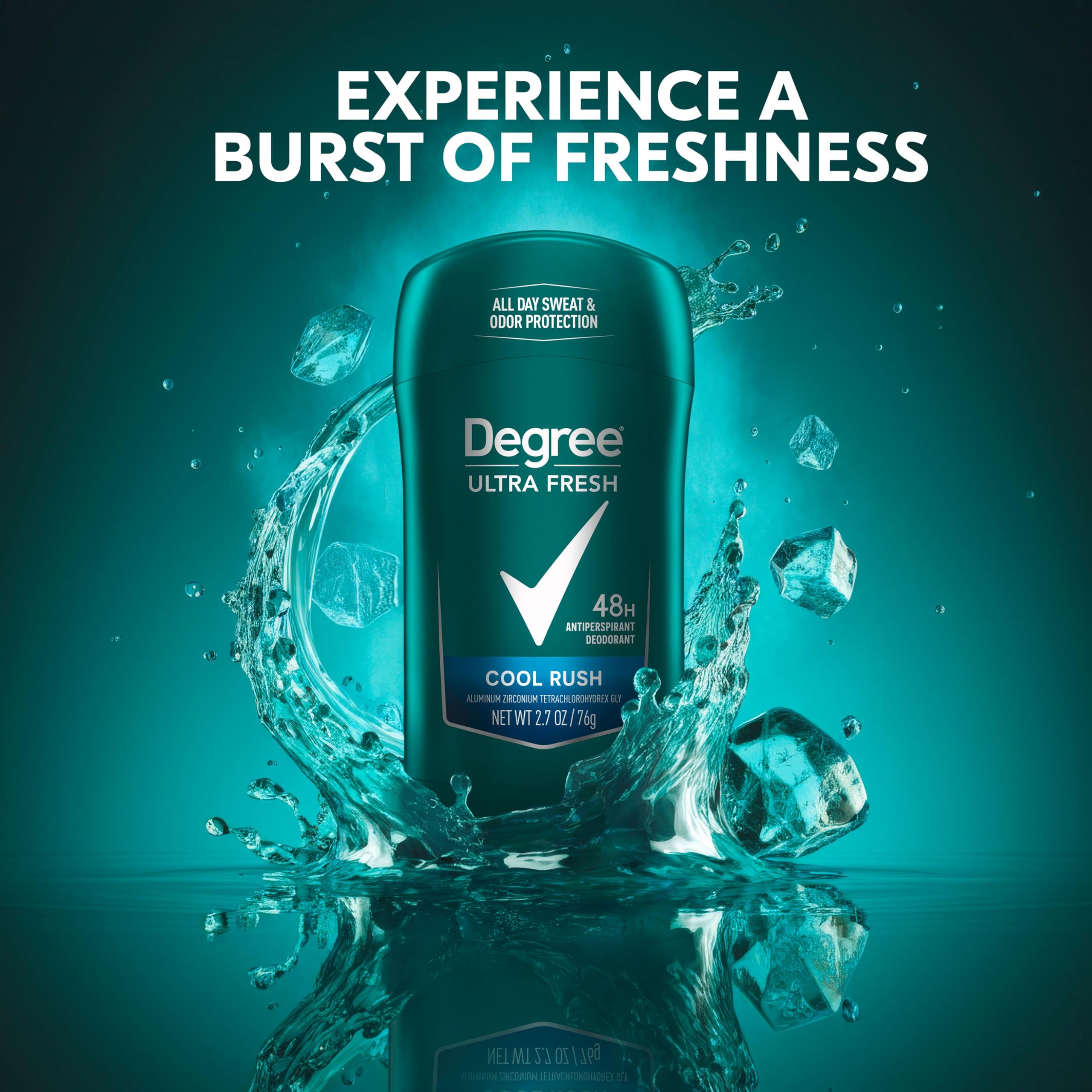 Degree Cool Rush four-pack laid flat to highlight convenience and value for stock-up purchases