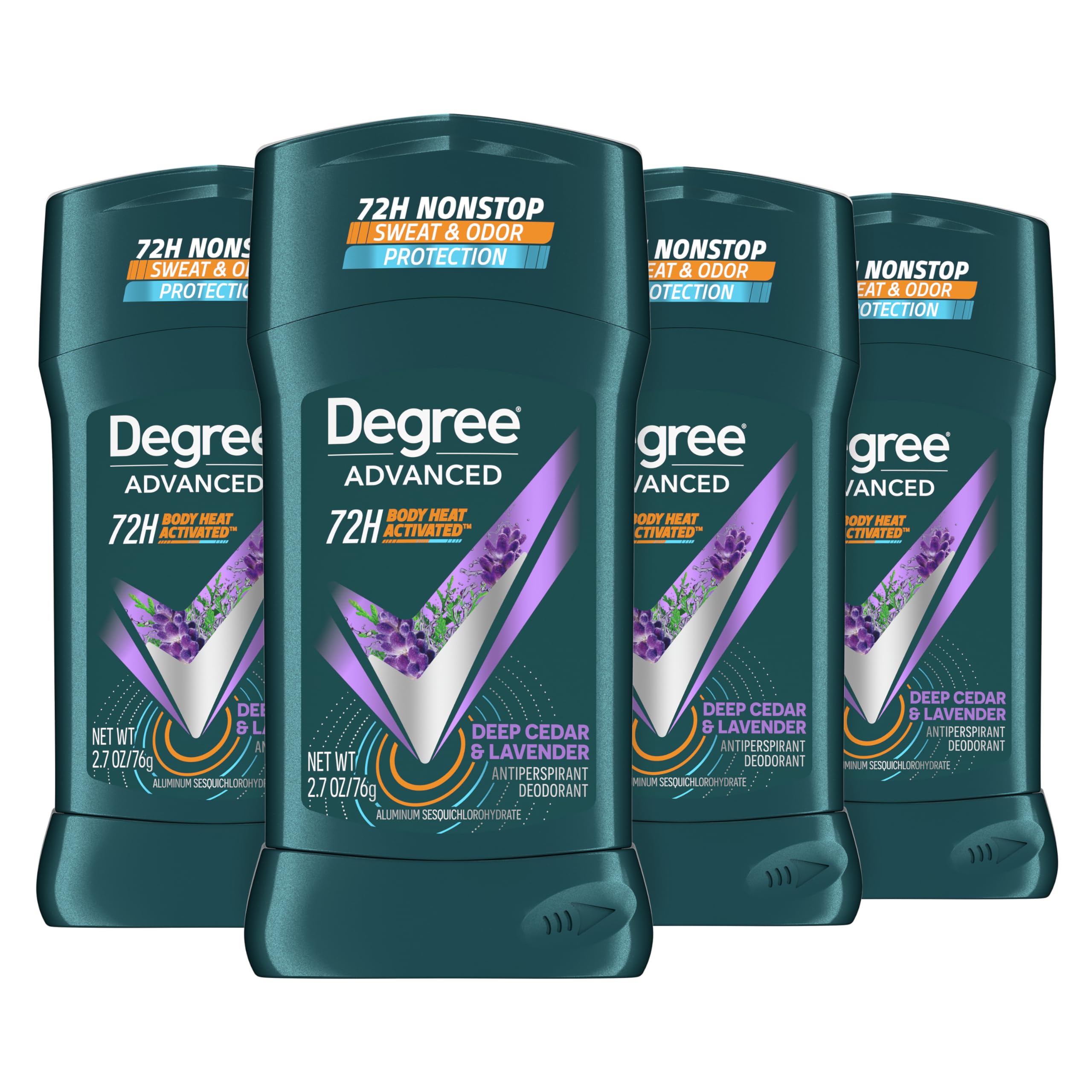 Degree front packaging showing scent and 4-count value for long-lasting confidence