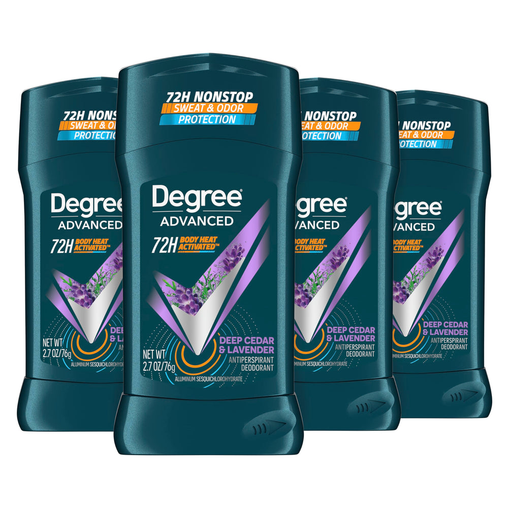 Degree front packaging showing scent and 4-count value for long-lasting confidence