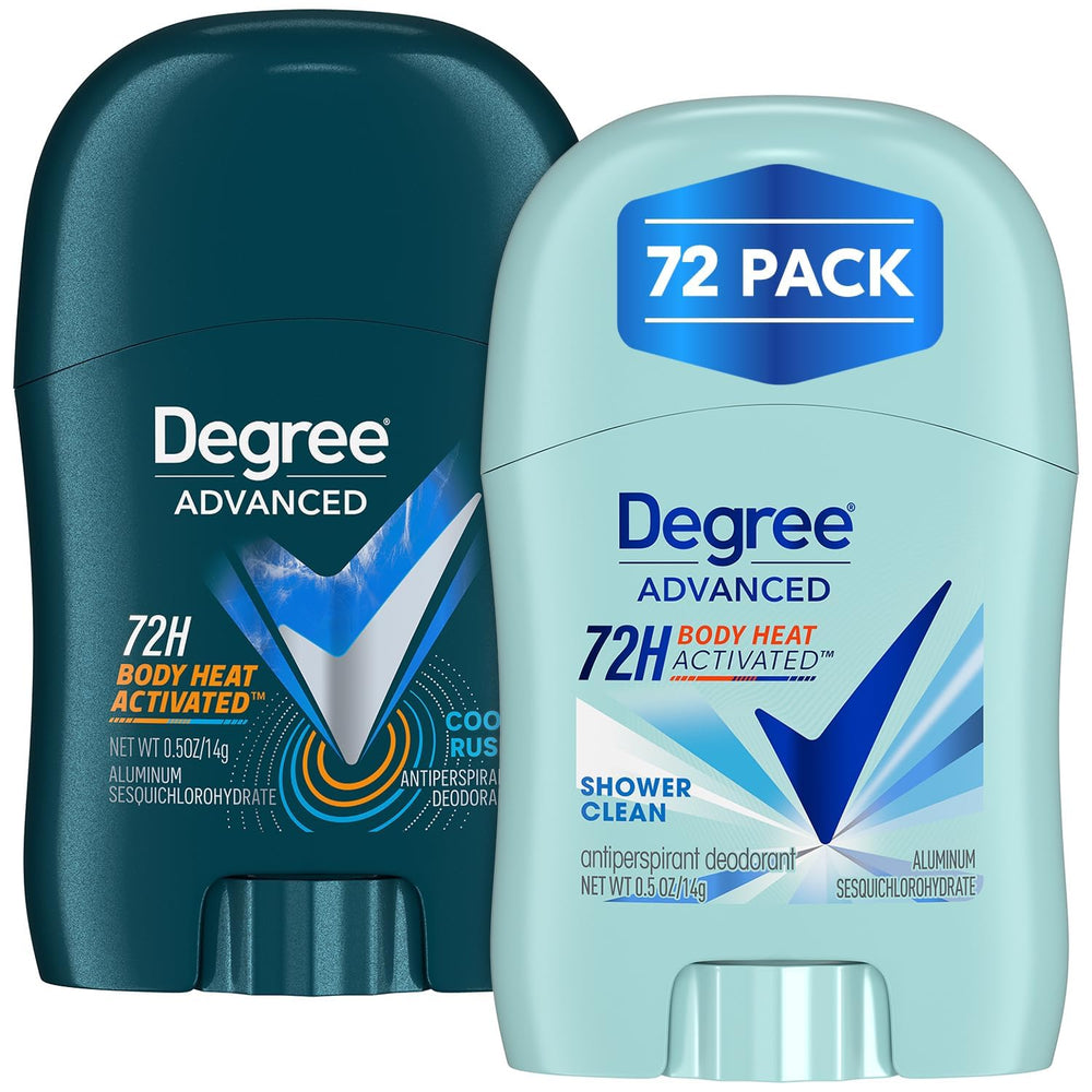 Degree front packaging showing 72-pack and travel convenience benefit