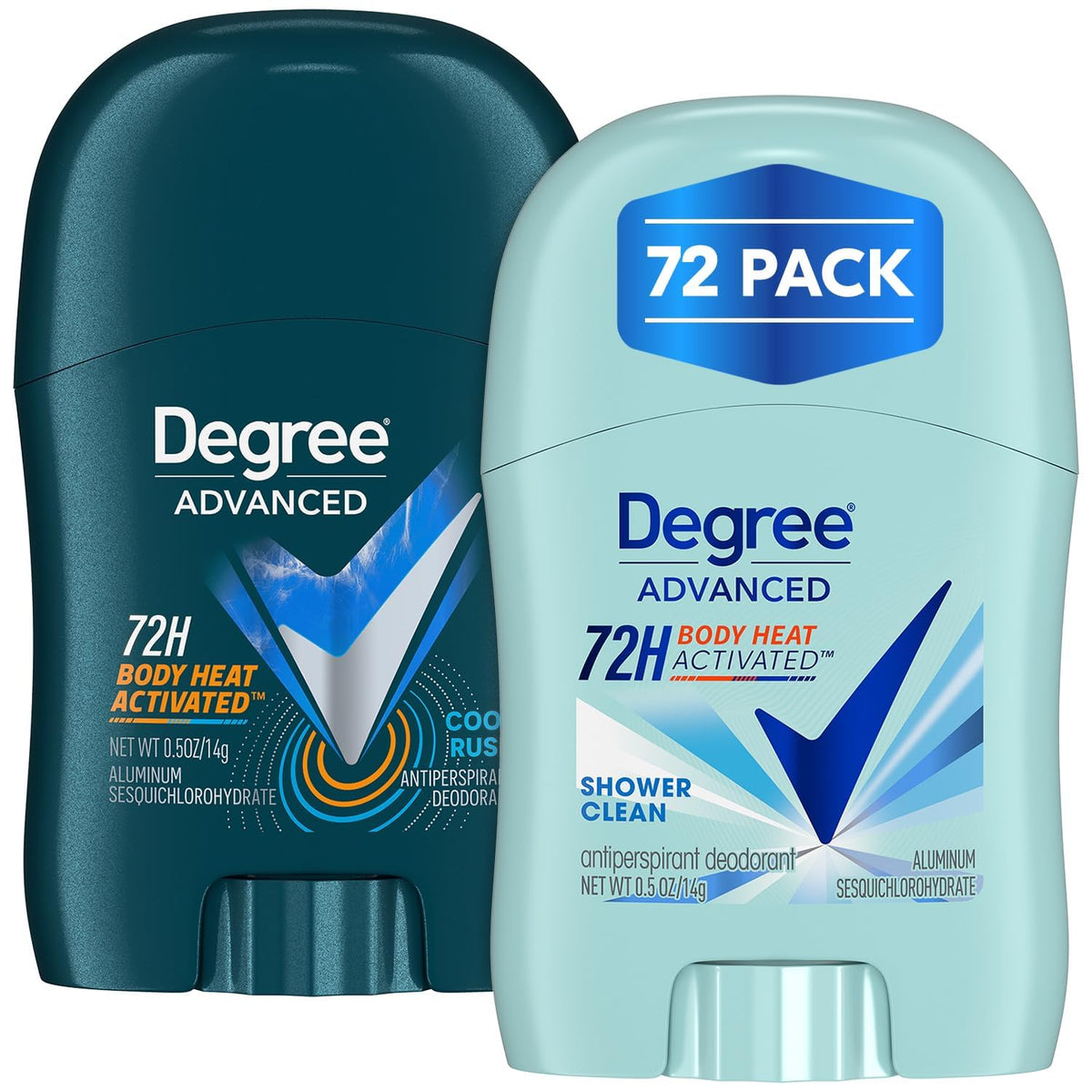 Degree front packaging showing 72-pack and travel convenience benefit