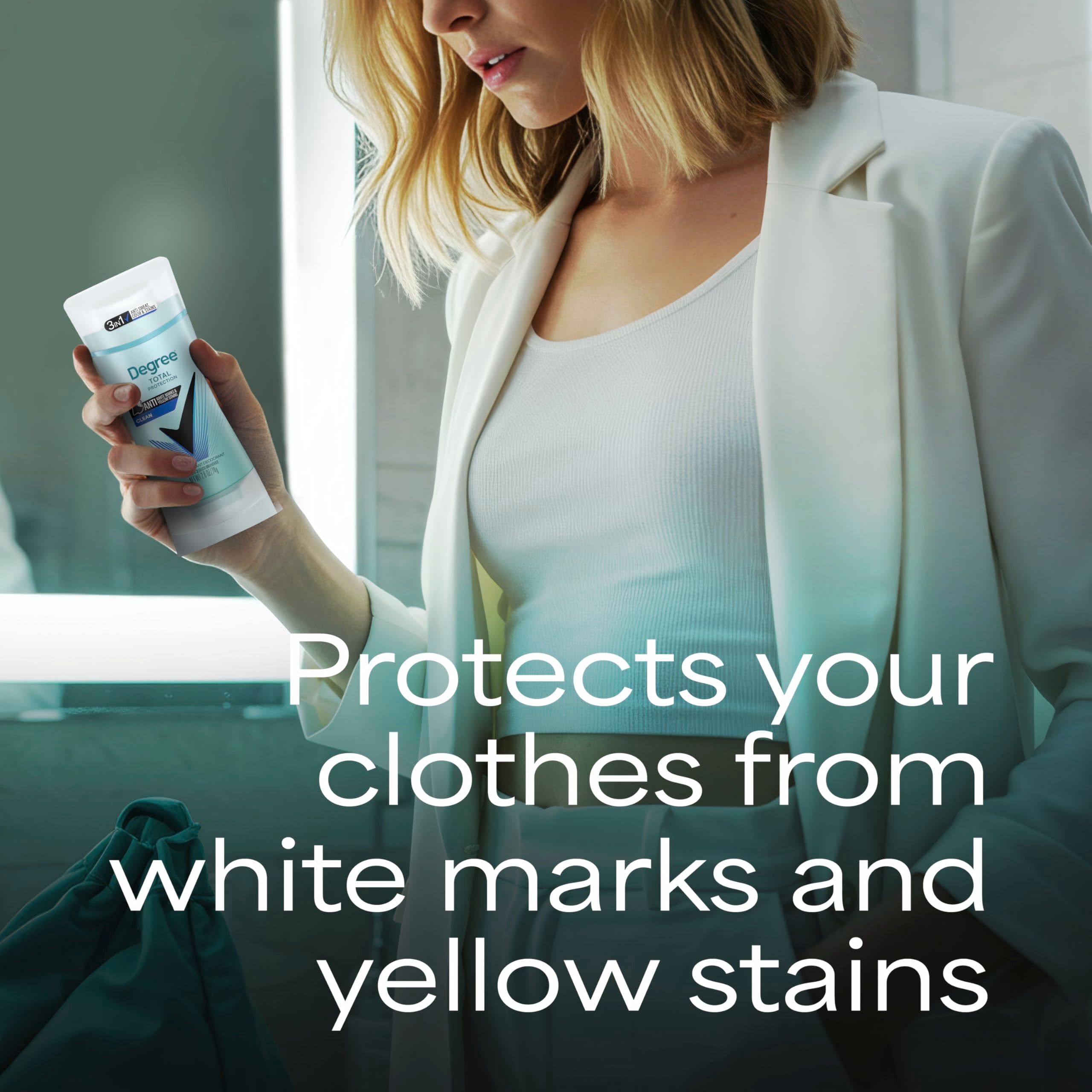 Degree Pure Clean pictured with white shirt showing reduced yellow stains