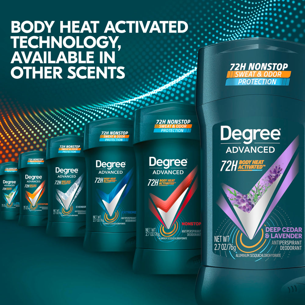 Degree scent visual with cedar and lavender notes emphasizing energizing aroma
