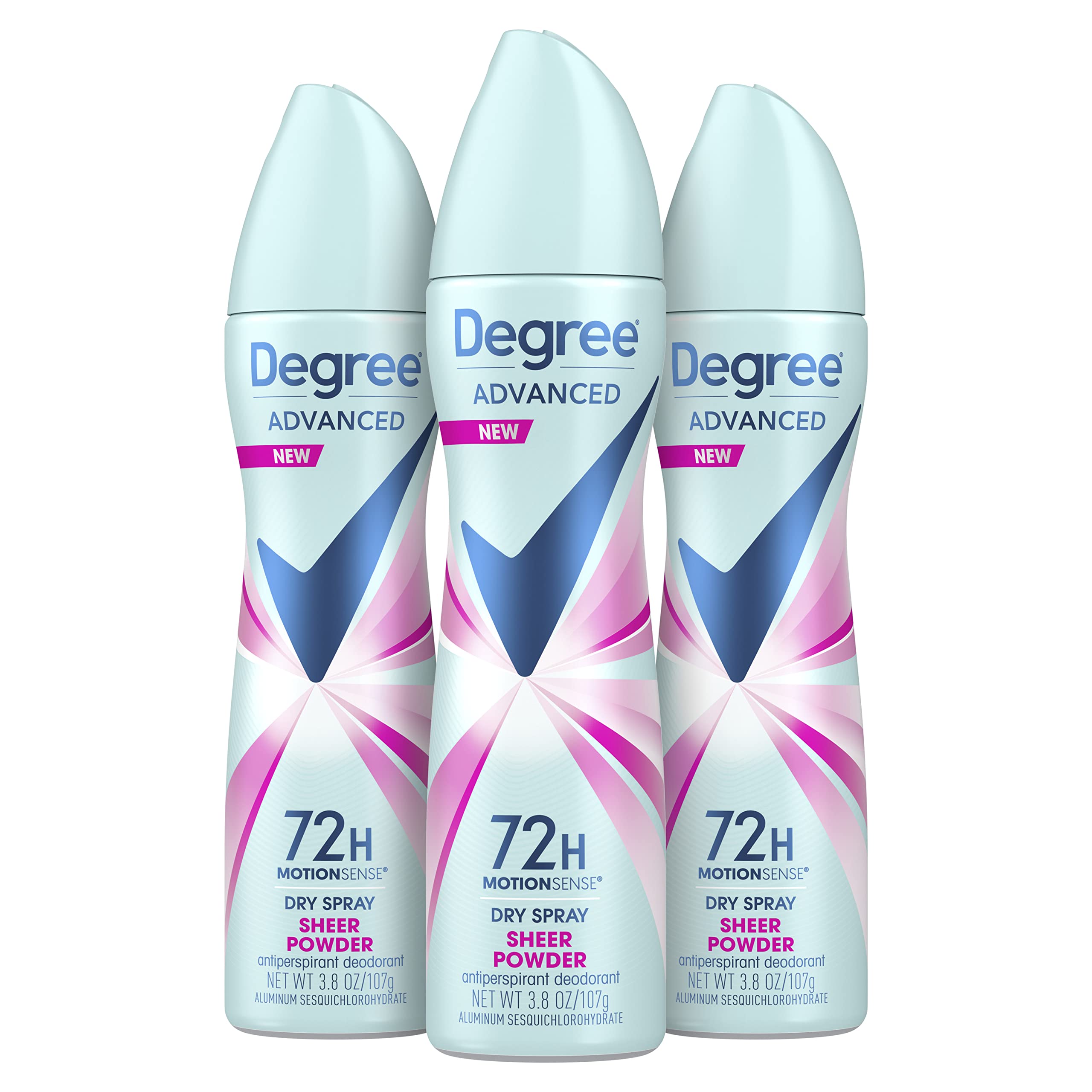 Degree front packaging showing three 3.8 oz cans, confident all-day protection