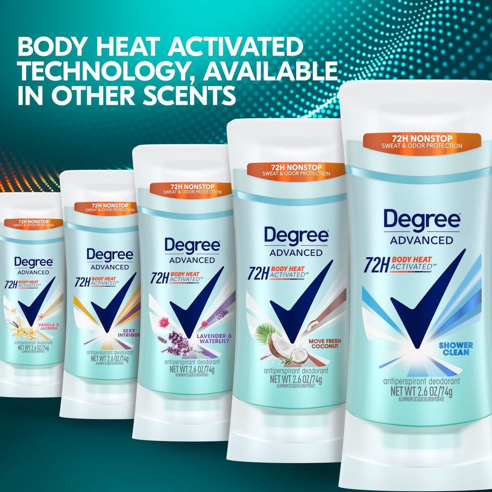 Degree Shower Clean four-pack stacked demonstrating extra supply benefit