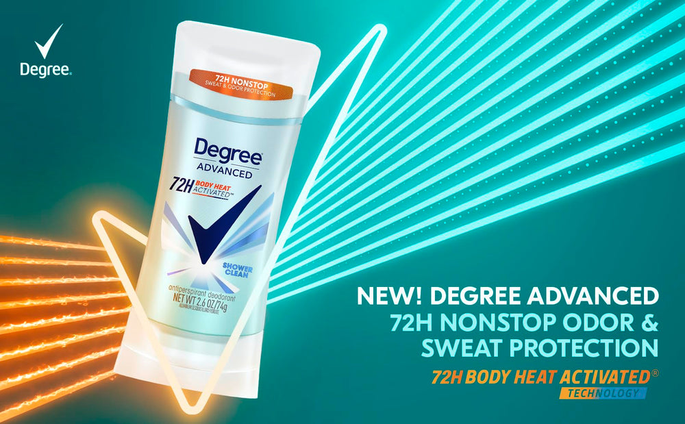 Degree Shower Clean stick held in hand showing travel-friendly size benefit