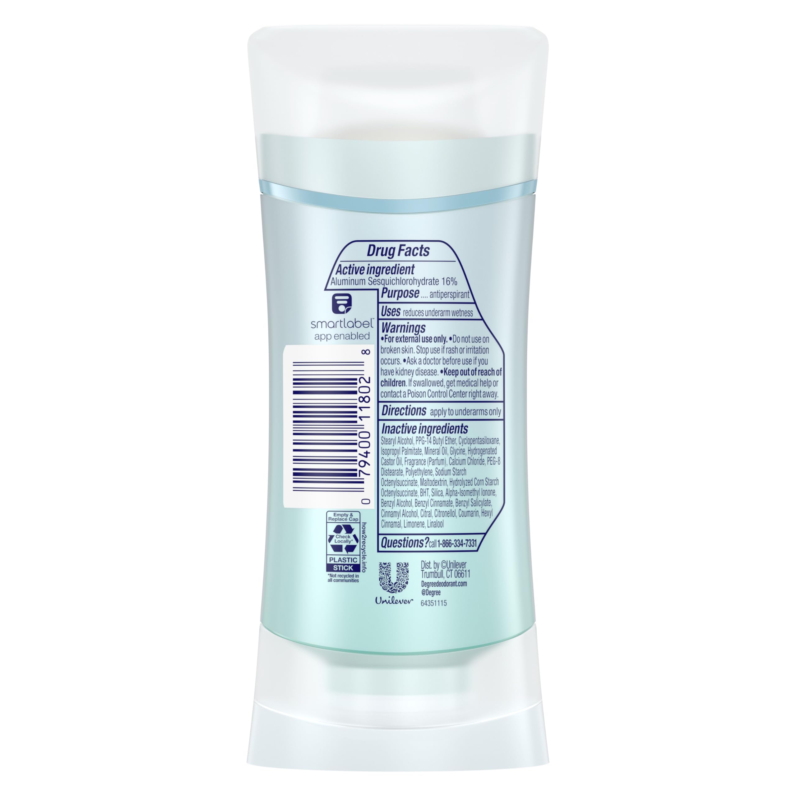 Degree Shower Clean side label with ingredients and benefit information