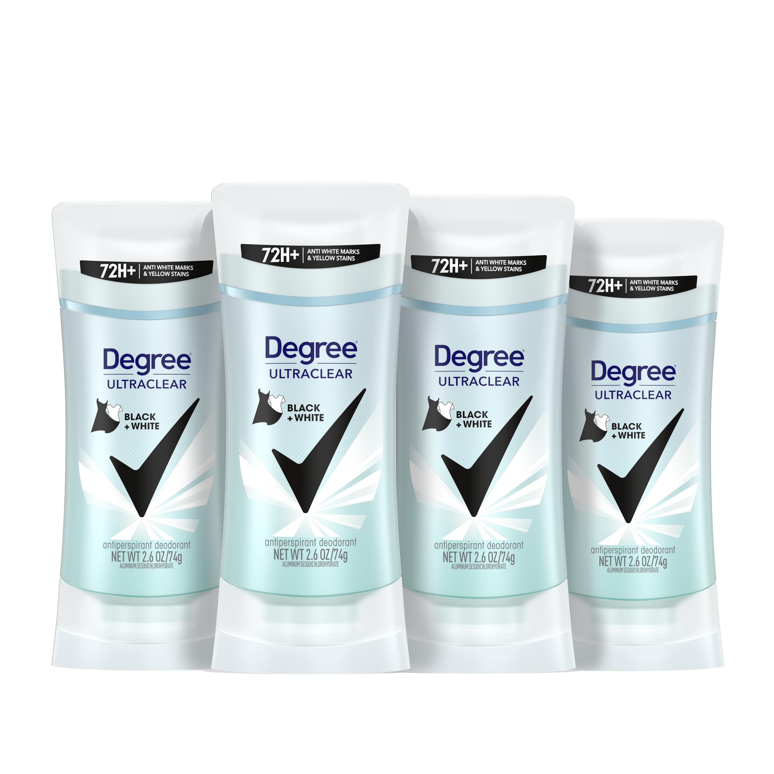 Degree front packaging showing four 2.6 oz sticks and product benefits