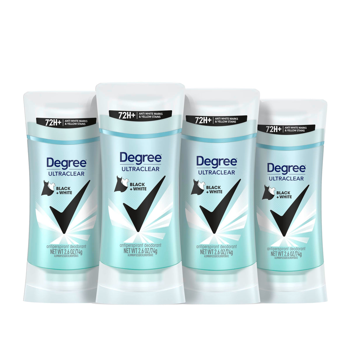 Degree front packaging showing four 2.6 oz sticks and product benefits