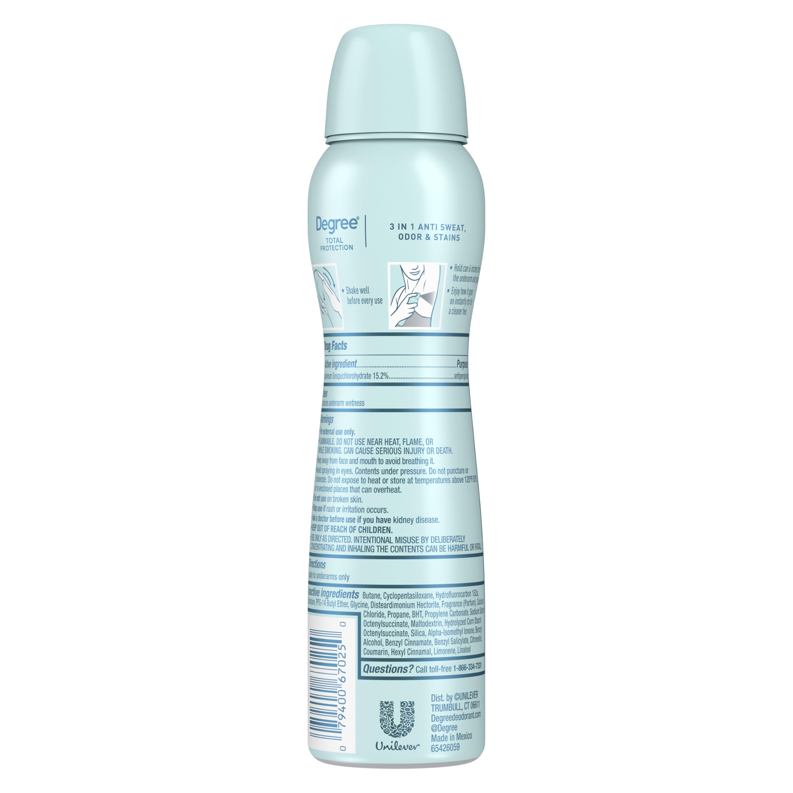 Three-pack of Degree dry spray cans stacked, convenient refill and value