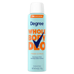Degree whole body front packaging shows citrus scent and 72H protection