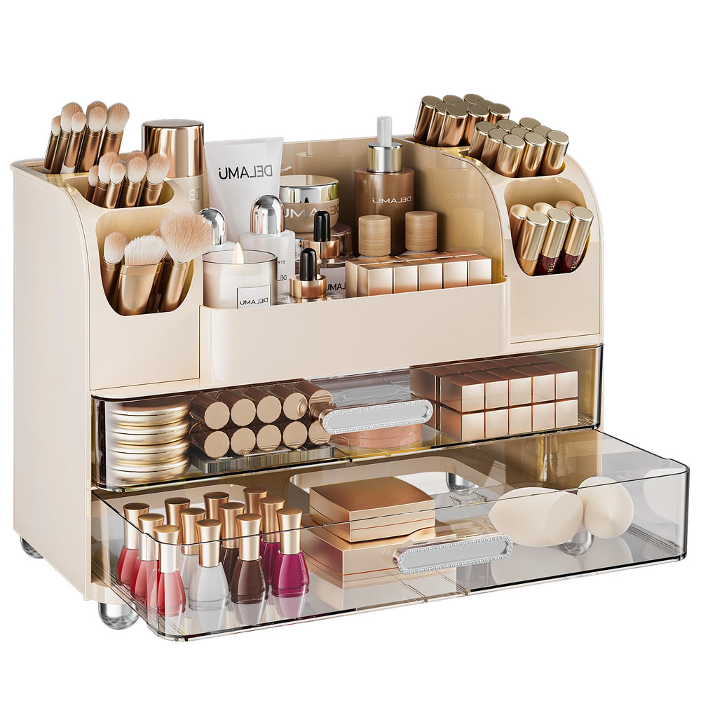 Delamu front overview showing organized brushes and bottles for faster routines
