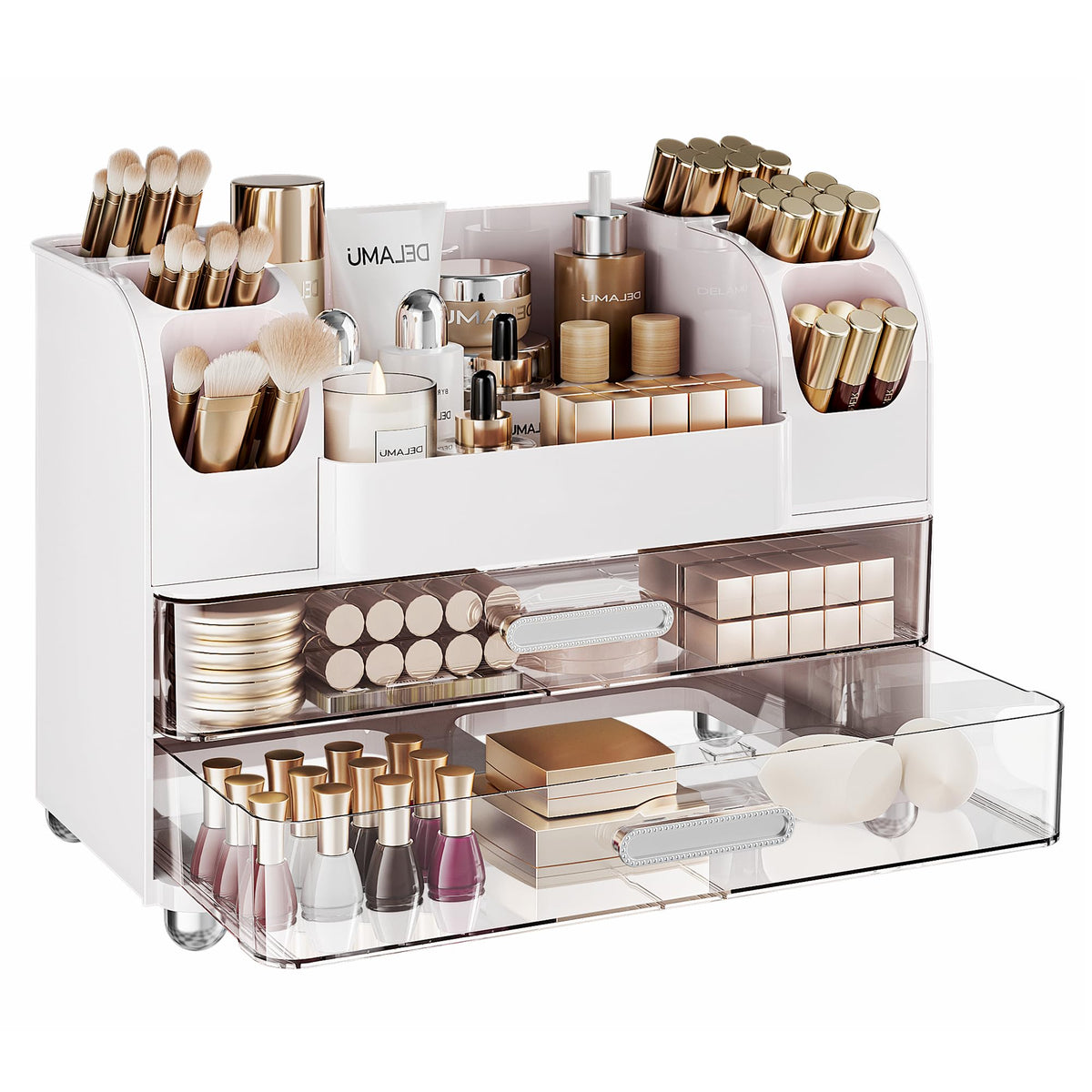 Delamu front view showing neat countertop storage and easy access