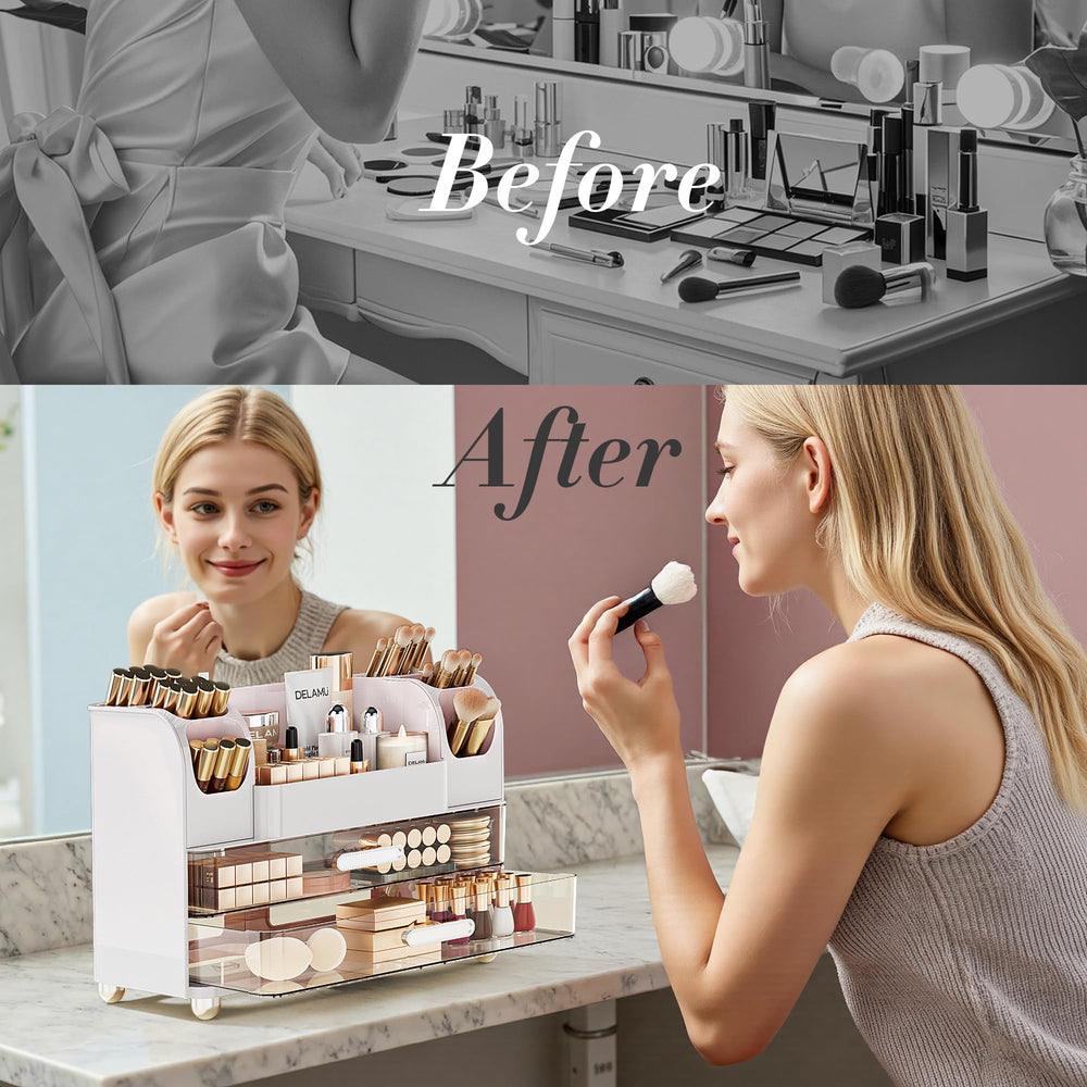 Delamu on bathroom vanity creating a calm, organized routine space