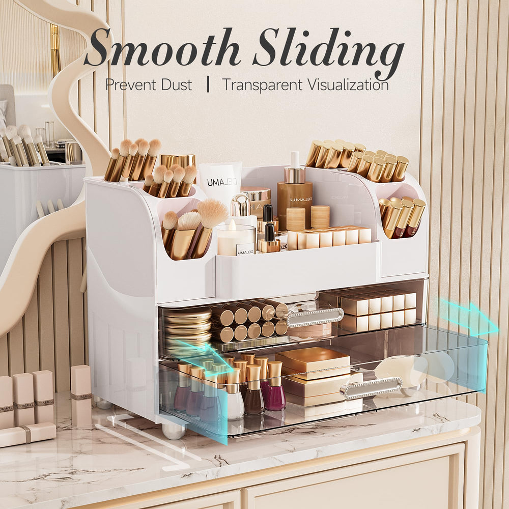 Delamu open drawers with lipsticks and palette for clutter-free storage