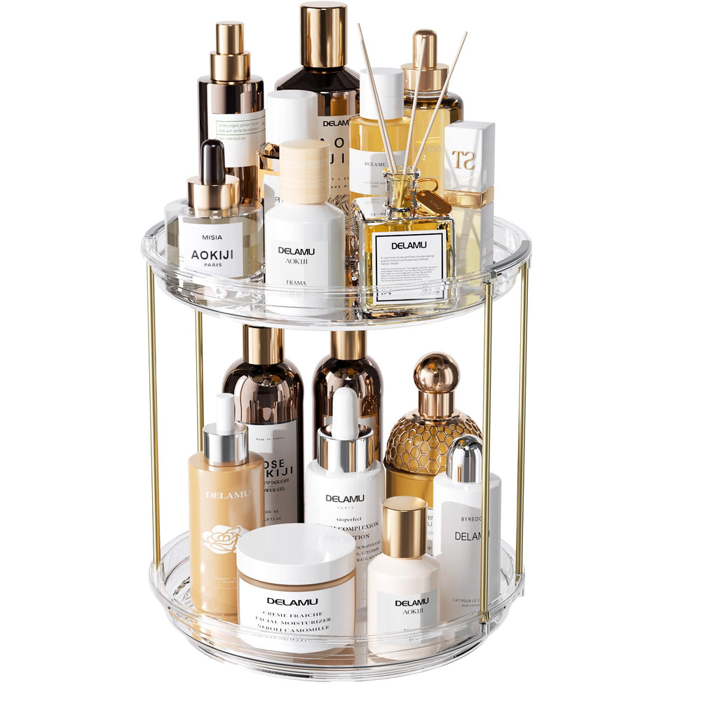 Delamu front view showing clear two-tier organizer and neat vanity benefit visibility