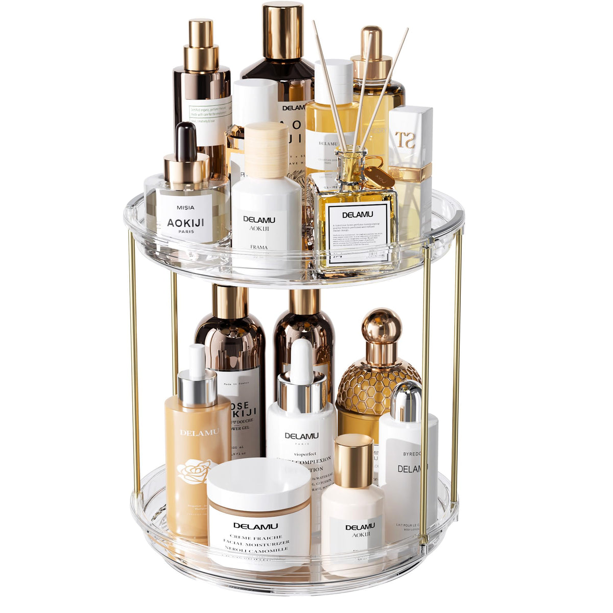 Delamu front view showing clear two-tier organizer and neat vanity benefit visibility