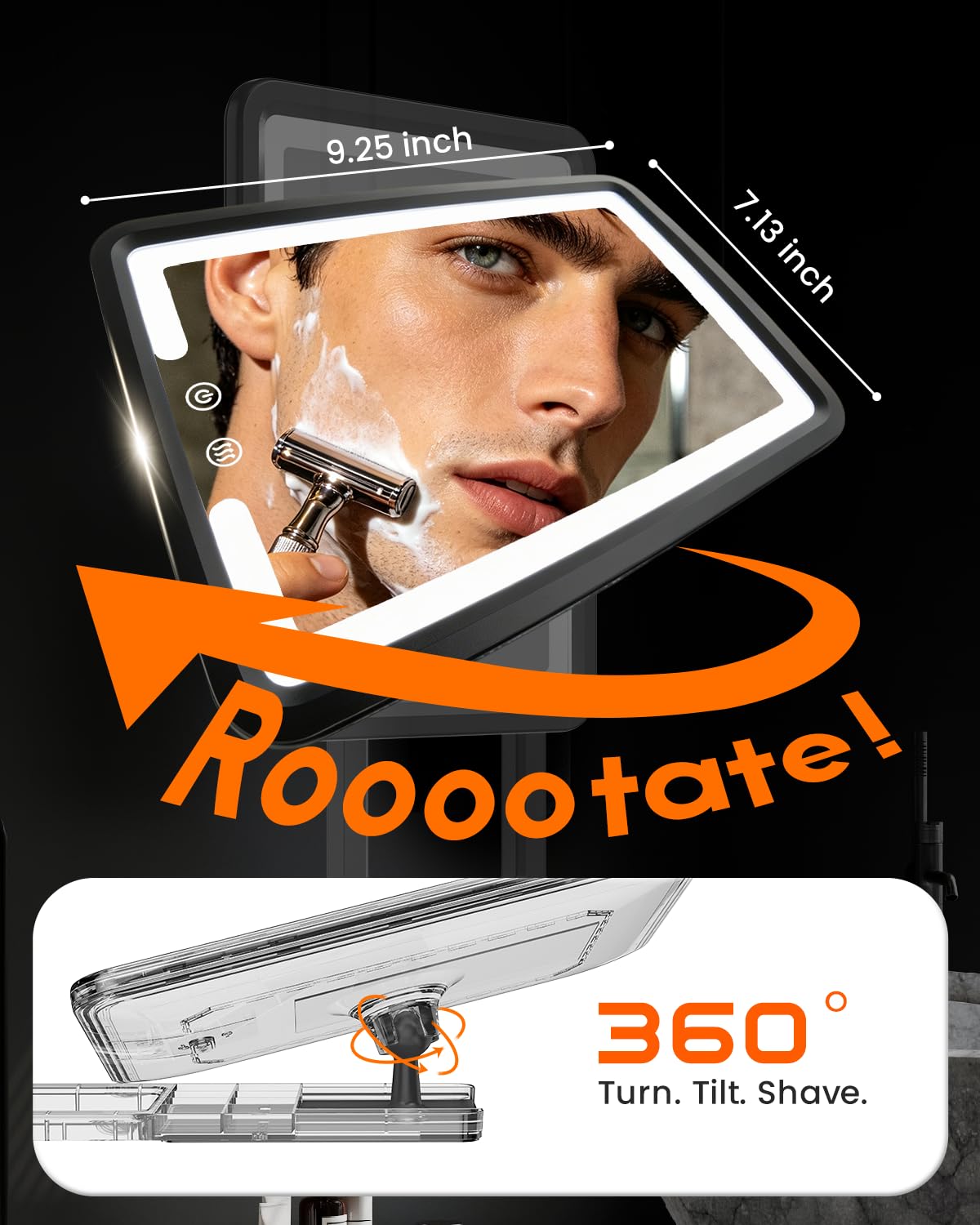 DeLanex mirror mounted in shower showing in-use grooming convenience benefit