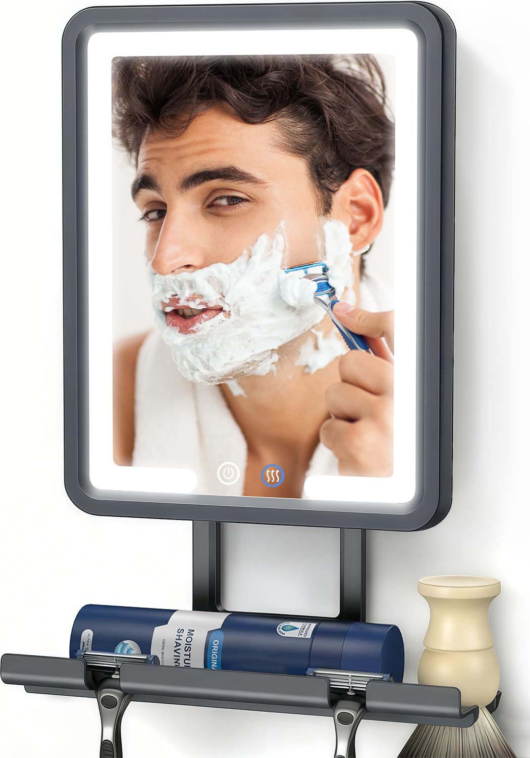 DeLanex shower mirror front view showing clear fogless reflection and benefit