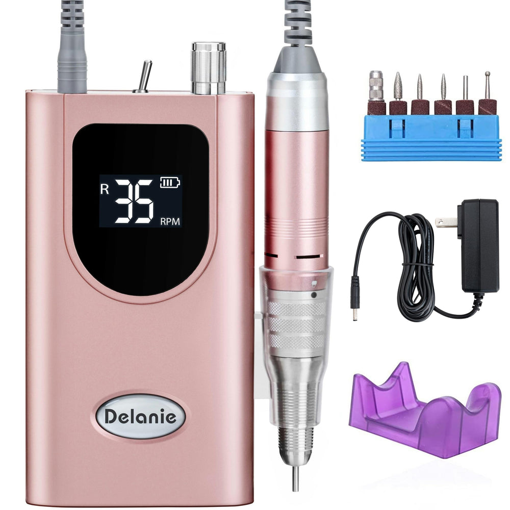 Delanie e-file front view showing rose gold finish and compact design benefit portability