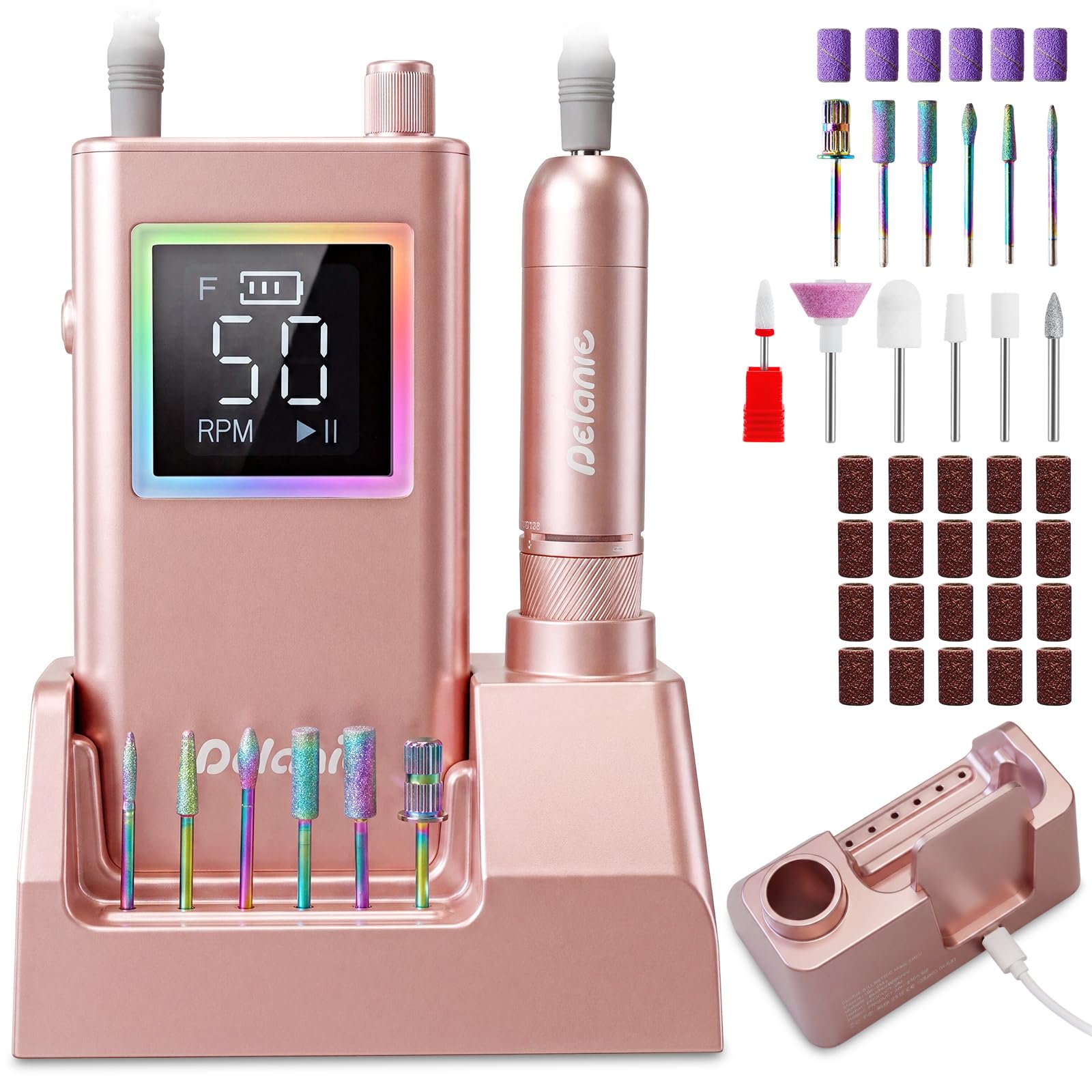 Delanie front dock showing neat storage and fast charger for organized workspace