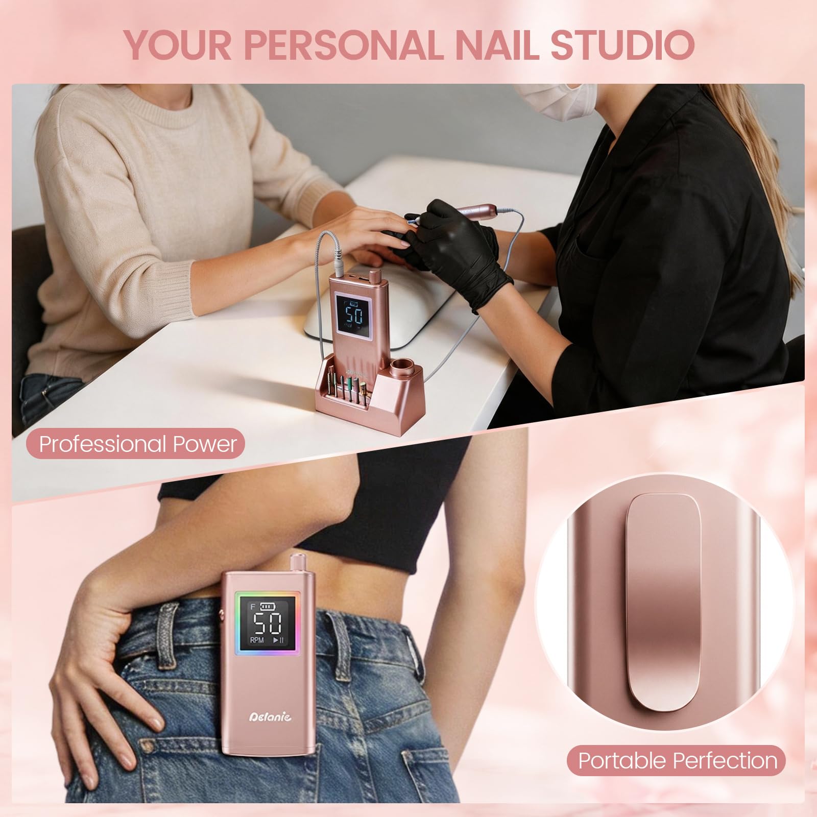 Delanie handpiece held to show compact scale and ergonomic comfort