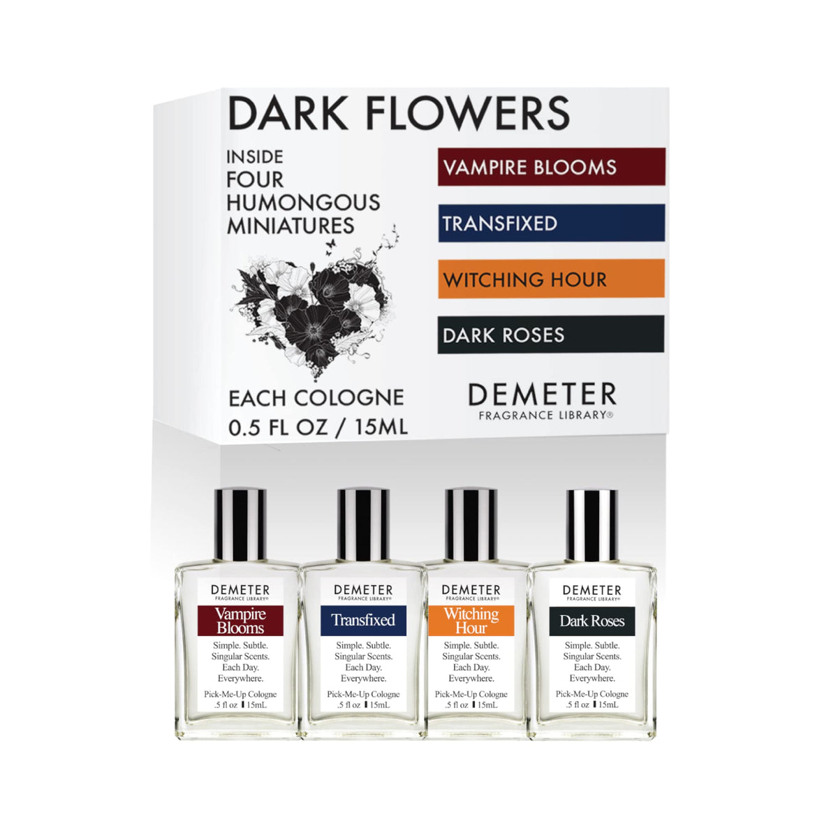 DEMETER front packaging showing all four miniature bottles and set identity