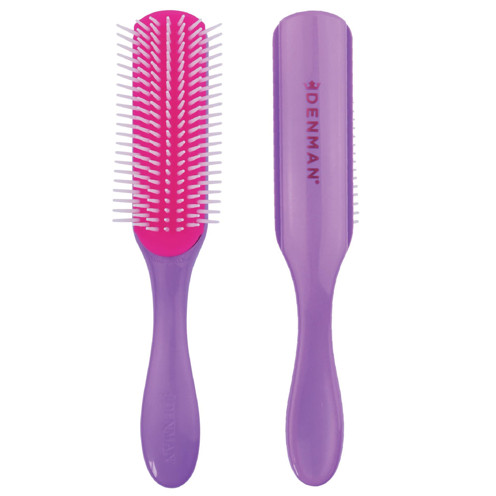 Denman D3 front view showing purple brush and 7-row pins for precise styling