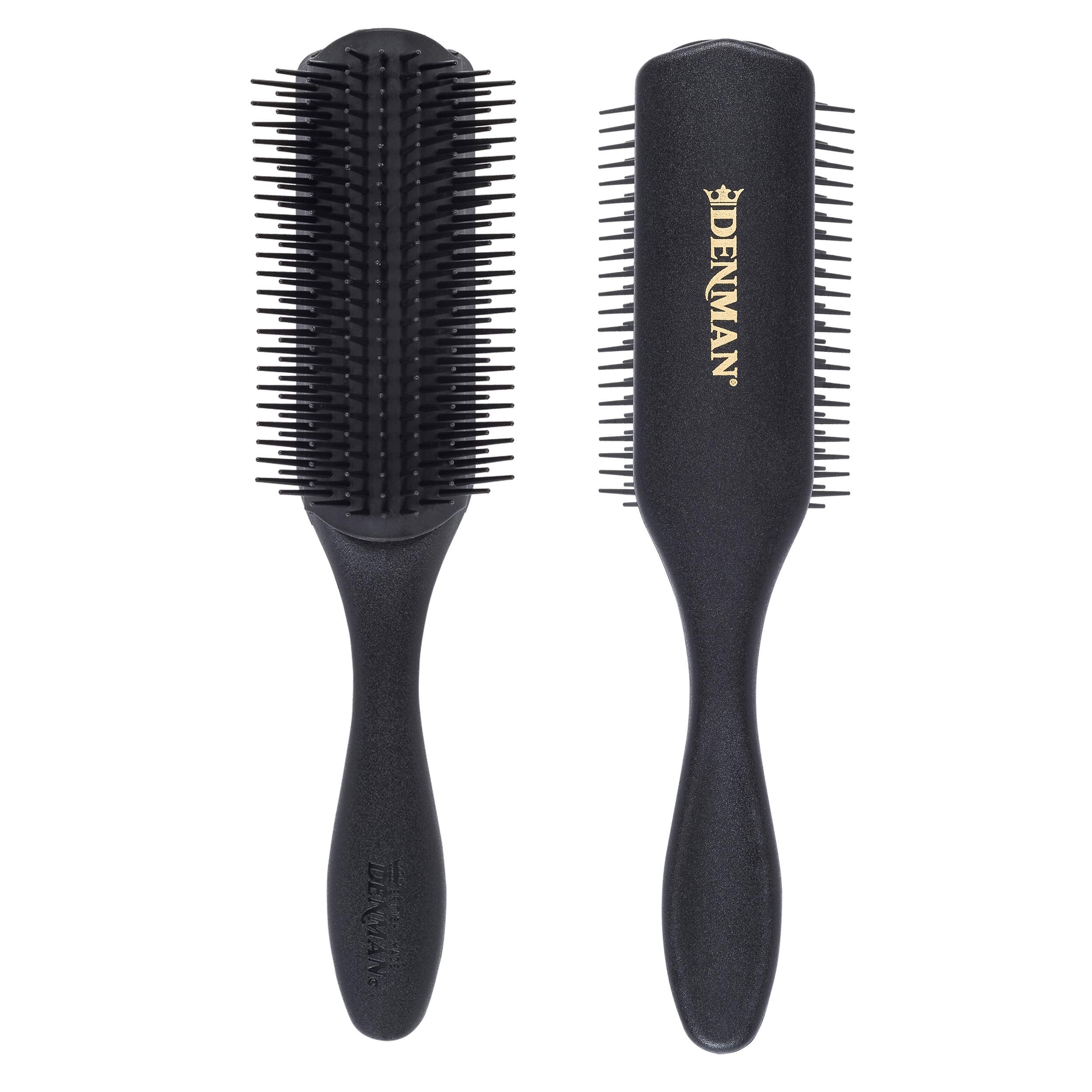 Denman D4 front view showing nine rows of pins and sleek all-black finish for precise styling