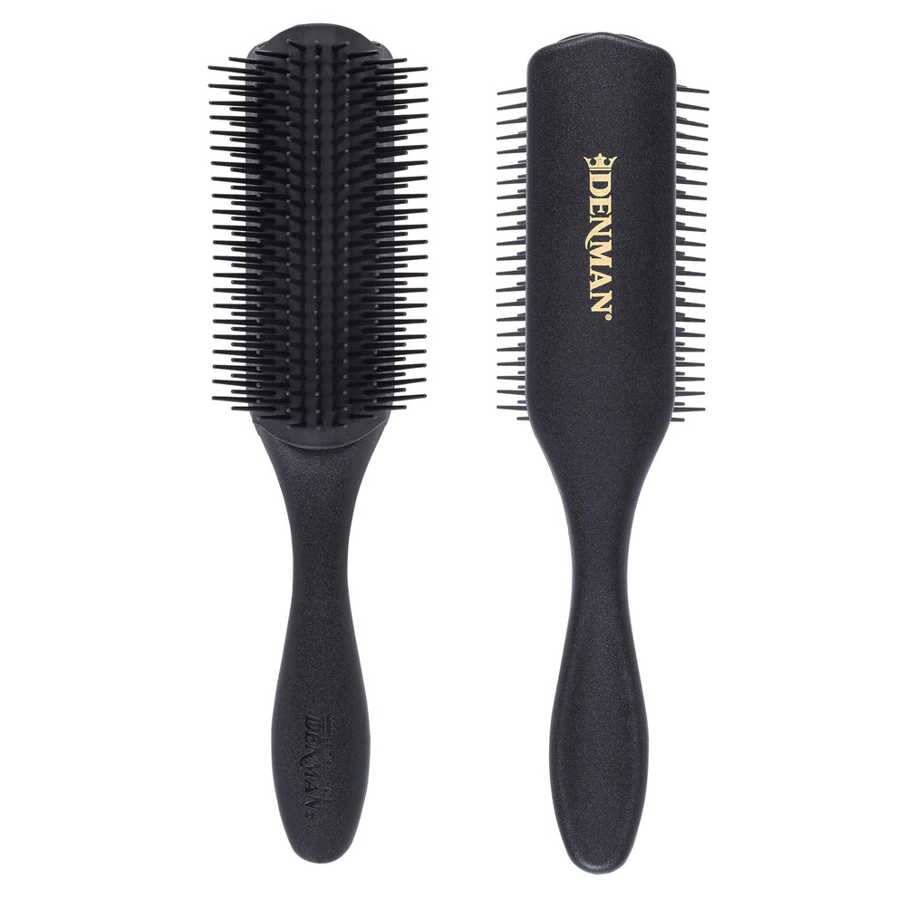 Denman D4 front view showing nine rows of pins and sleek all-black finish for precise styling