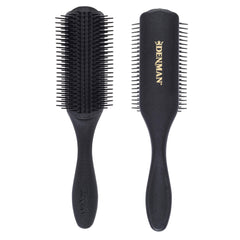 Denman D4 front view showing nine rows of pins and sleek all-black finish for precise styling