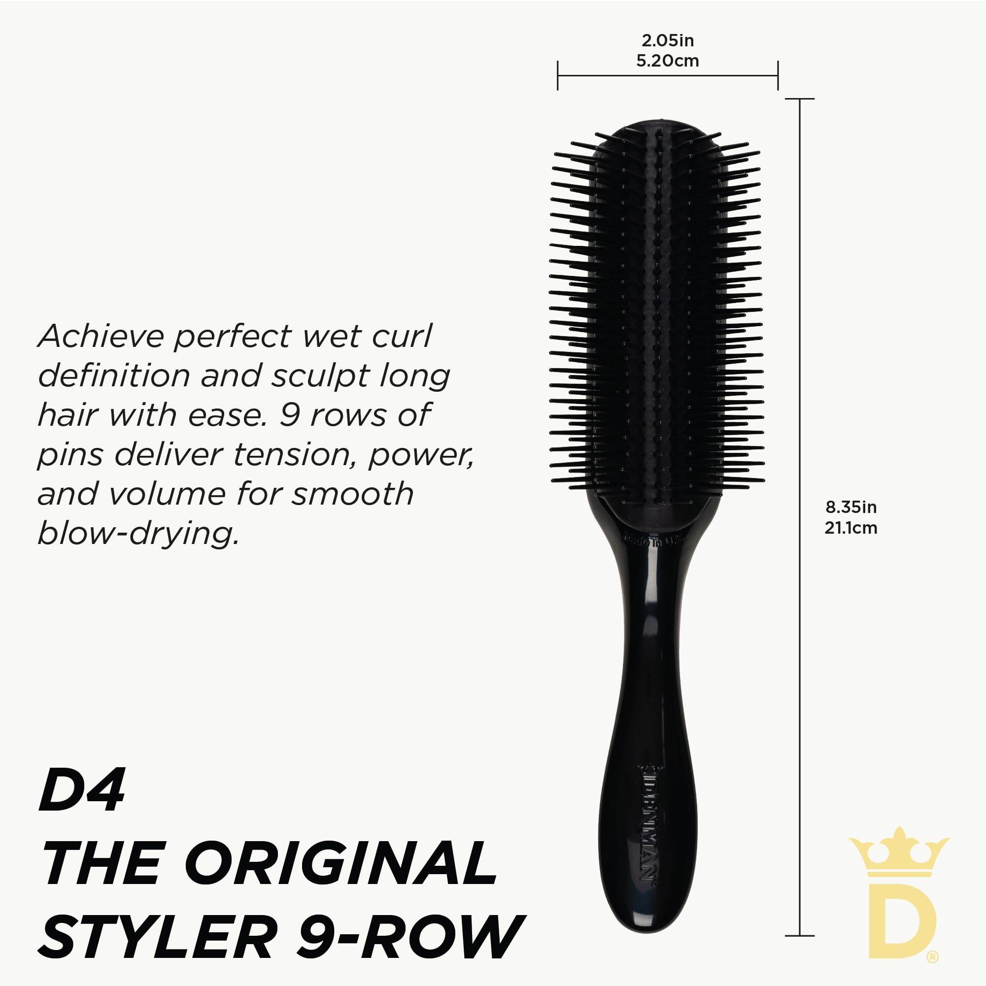 Denman D4 tear-drop handle close-up offering ergonomic grip and better balance while styling
