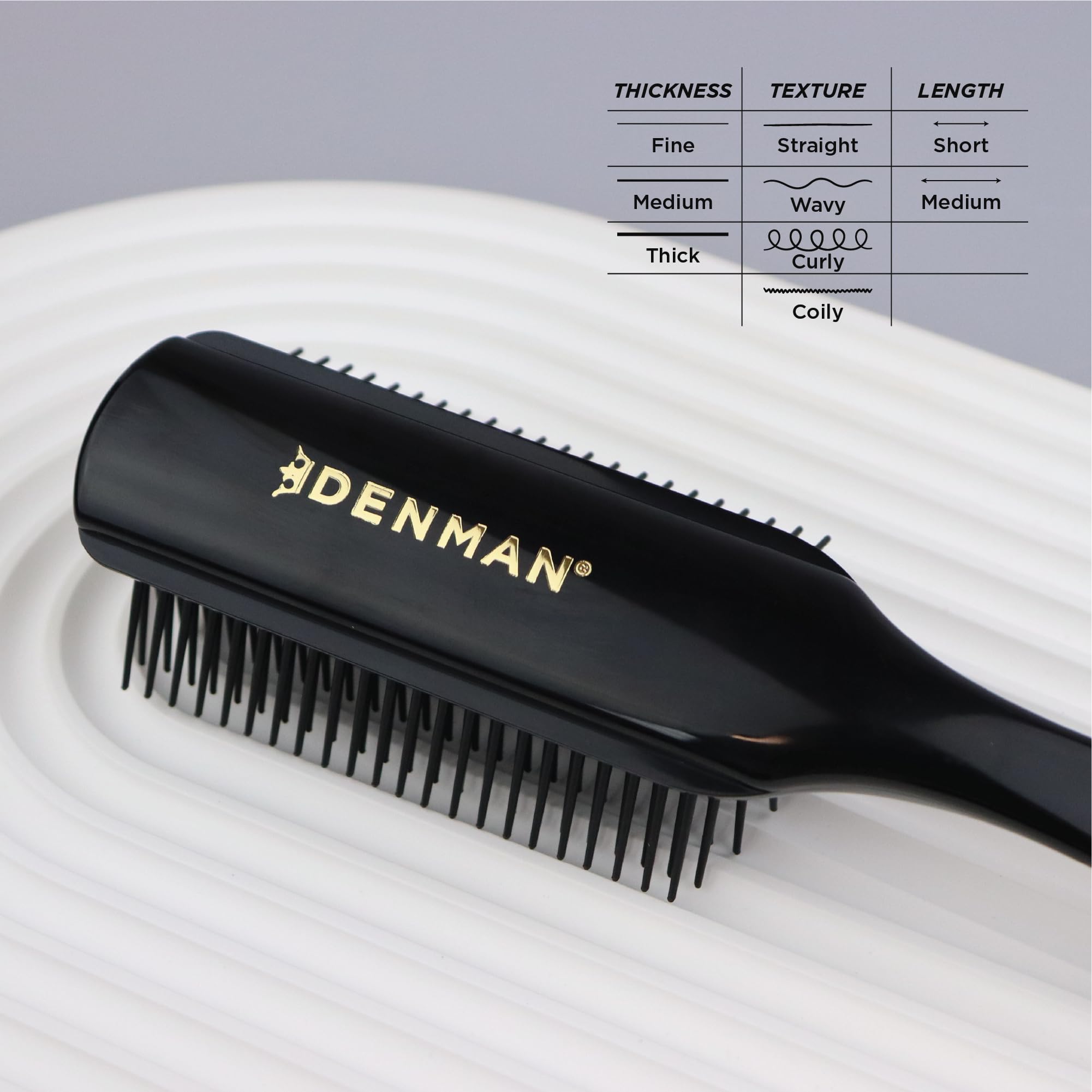 Denman D4 on vanity with styling products showing professional results at home