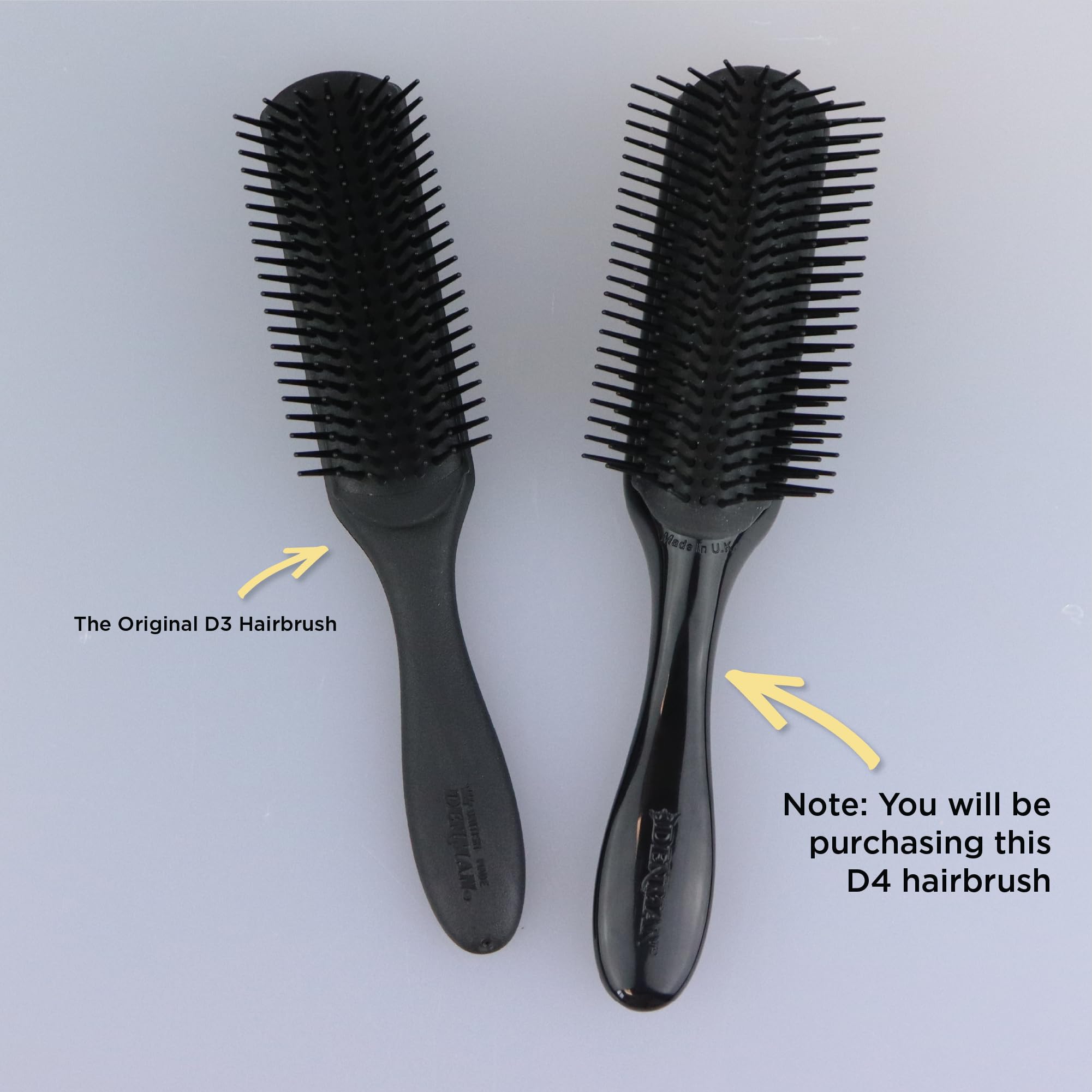 Denman D4 next to comb showing scale for longer hair to demonstrate tension and control