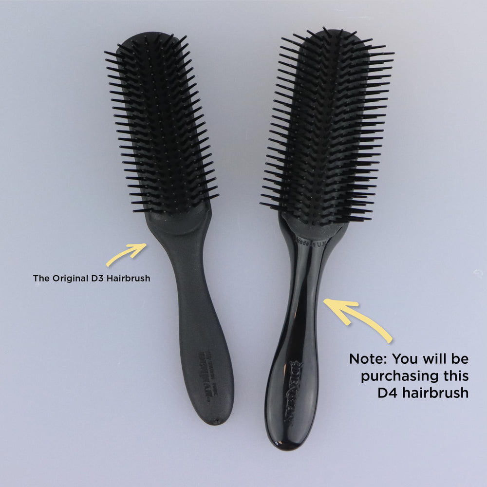Denman D4 next to comb showing scale for longer hair to demonstrate tension and control