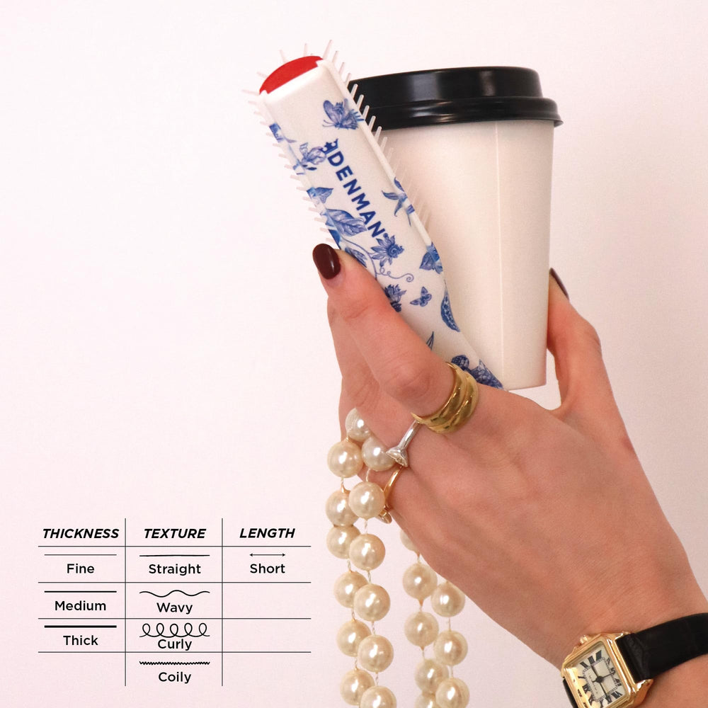 Denman packaged in a handbag lifestyle scene for on-the-go styling