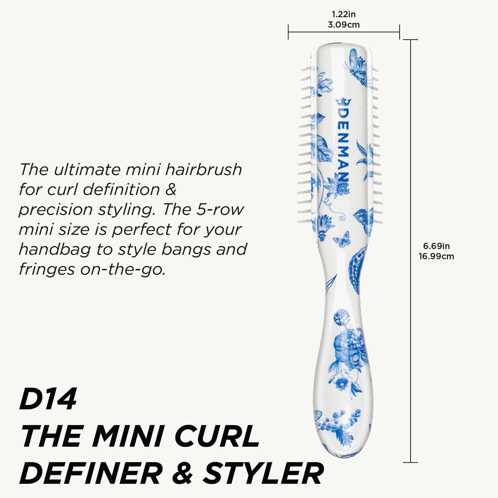 Denman close-up of bristles highlighting five-row pin pattern and control