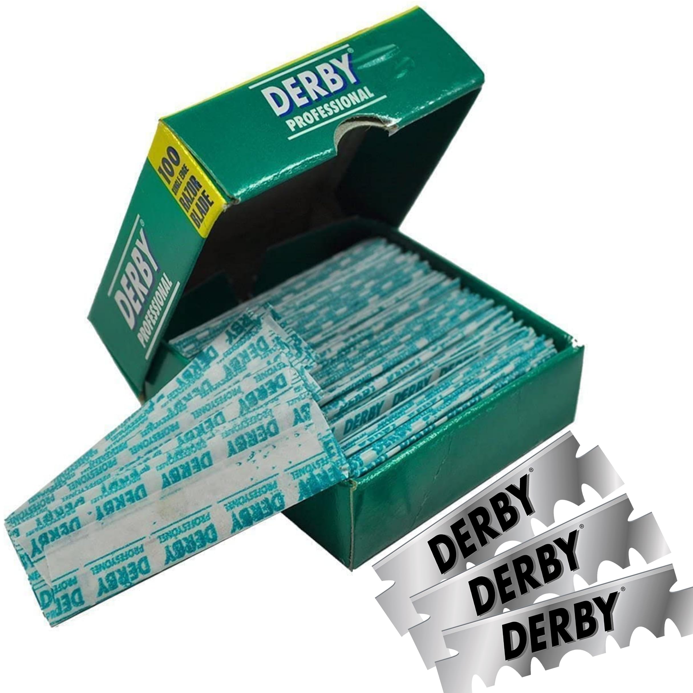 Opened Derby pack revealing loose blades for easy access benefit