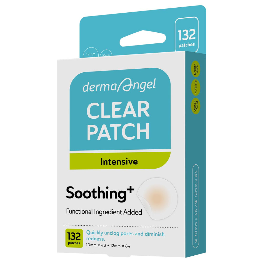 DERMA ANGEL front packaging showing 132 clear acne patches and benefits